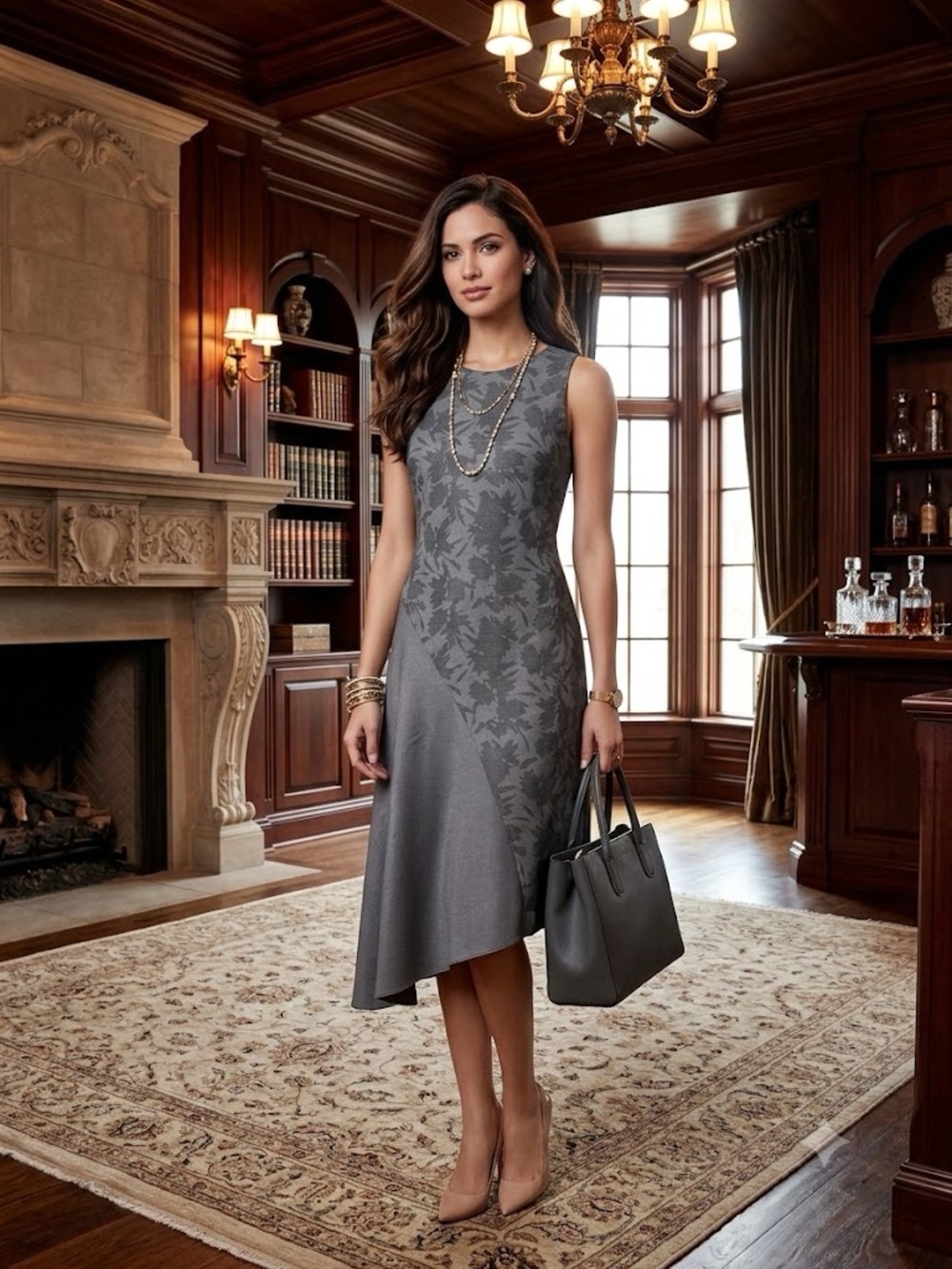 Banana Republic Gray Floral Jacquard Asymmetric Midi Dress
